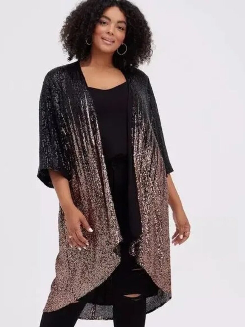 NWT - Torrid Size 3 Black/Gold Sequin Ombre Hi/Lo Kimono